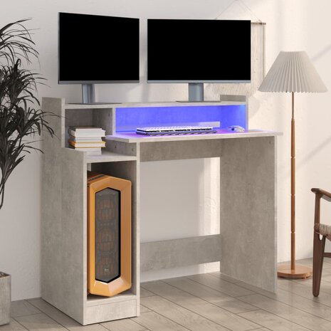 Bureau met LED-verlichting 97x45x90 cm bewerkt hout betongrijs 1