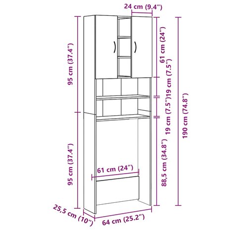 Wasmachinekast 64x25,5x190 cm hoogglans wit 9