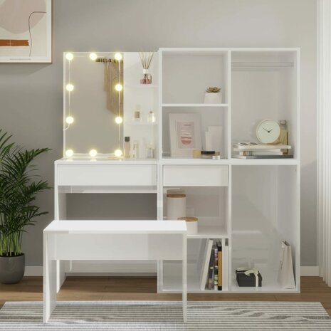 Kaptafelset met LED&apos;s bewerkt hout hoogglans wit 1