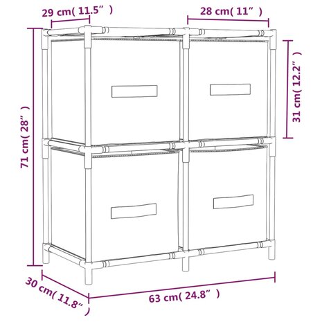 Opbergkast met 4 stoffen manden 63x30x71 cm staal grijs 7
