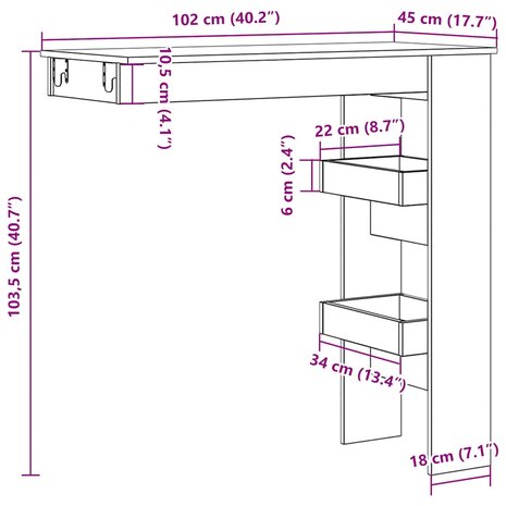 Bartafel wandgemonteerd 102x45x103,5 cm bewerkt hout artisanaal 9