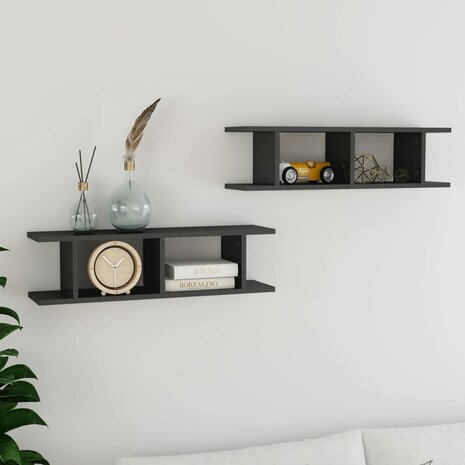 Wandschappen 2 st 75x18x20 cm bewerkt hout hoogglans grijs 1
