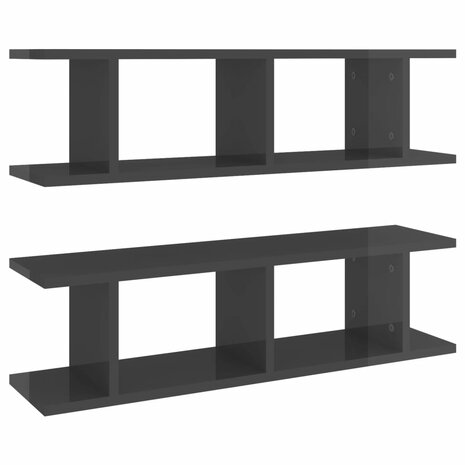 Wandschappen 2 st 75x18x20 cm bewerkt hout hoogglans grijs 2