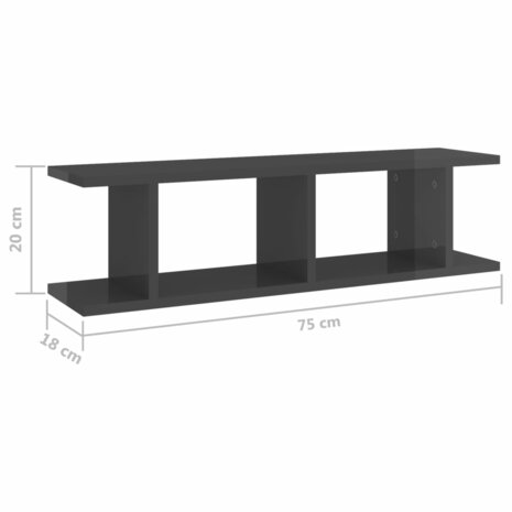 Wandschappen 2 st 75x18x20 cm bewerkt hout hoogglans grijs 7