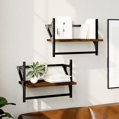 Wandschappen met stangen 2 st 40x25x30 cm bruin eikenkleur 1