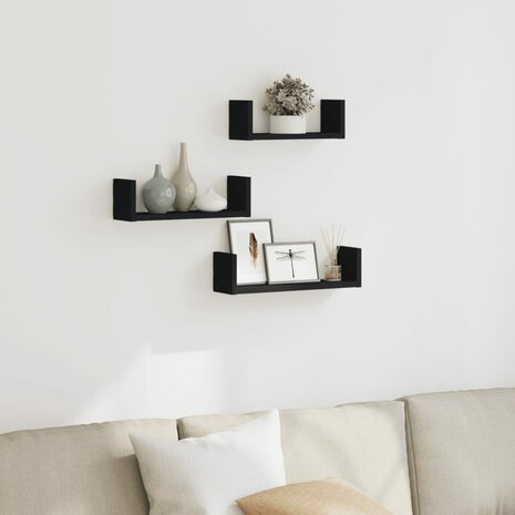 Wandschappen 3 st bewerkt hout zwart 1