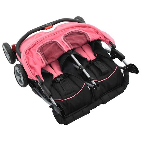 Tweeling kinderwagen staal roze en zwart 6