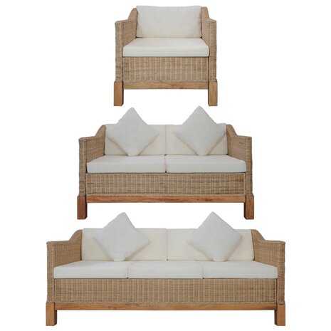 3-delig Bankstel met kussens natuurlijk rattan 1