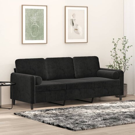 Driezitsbank met sierkussens 180 cm fluweel zwart 1