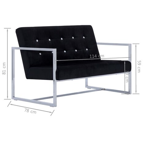 Tweezitsbank met armleuningen chroom en fluweel zwart 8