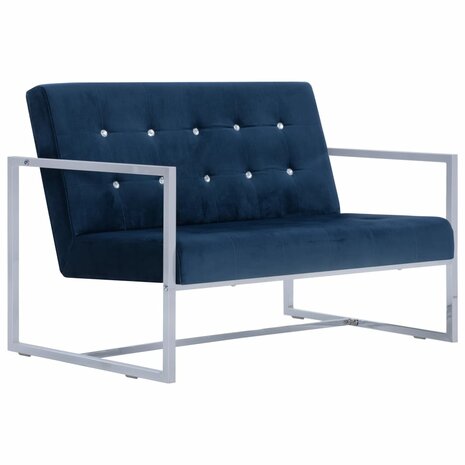 Tweezitsbank met armleuningen chroom en fluweel blauw 2