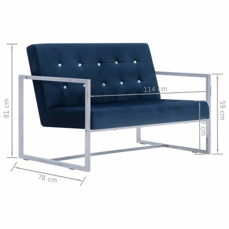 Tweezitsbank met armleuningen chroom en fluweel blauw 8