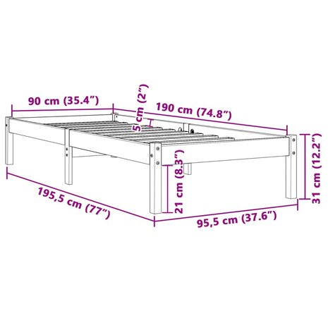 Bedframe zonder matras massief grenenhout wasbruin 90x190 cm 8