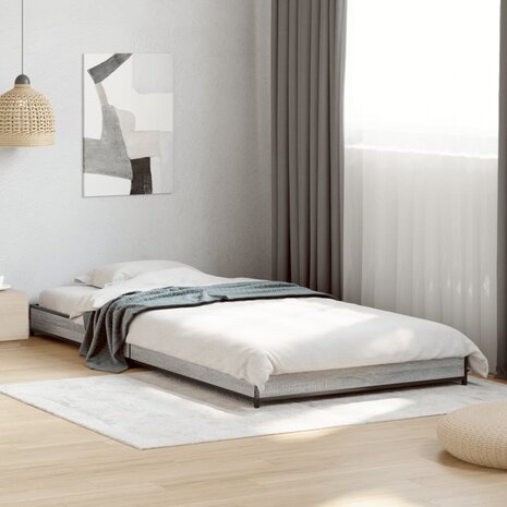 Bedframe bewerkt hout en metaal grijs sonoma eiken 100x200 cm 1