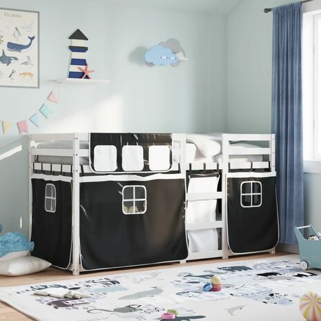 Stapelbed met gordijnen 75x190 cm grenenhout wit en zwart 1