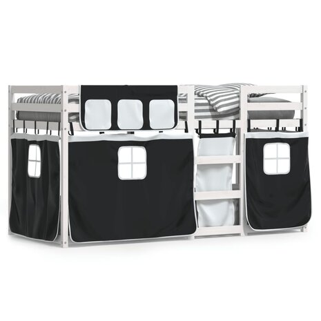 Stapelbed met gordijnen 75x190 cm grenenhout wit en zwart 2