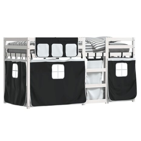 Stapelbed met gordijnen 75x190 cm grenenhout wit en zwart 4