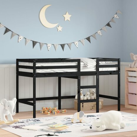 Kinderhoogslaper met ladder 90x200 cm massief grenenhout zwart 1