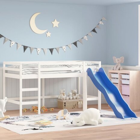 Kinderhoogslaper met glijbaan massief grenenhout wit 80x200 cm 1