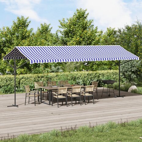 Luifel vrijstaand 600x300 cm stof en staal blauw en wit 1