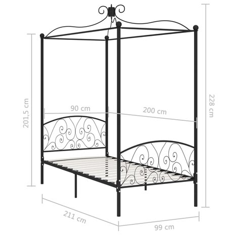 Hemelbedframe metaal zwart 90x200 cm 6