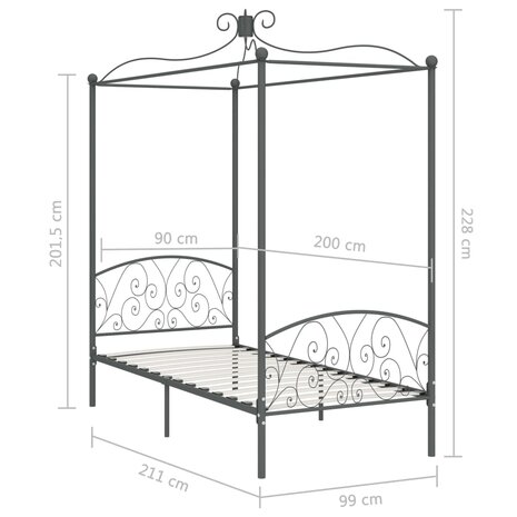 Hemelbedframe metaal grijs 90x200 cm 6