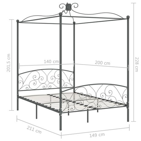 Hemelbedframe metaal grijs 140x200 cm 6