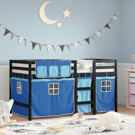 Kinderhoogslaper met gordijnen 80x200 cm grenenhout blauw 1