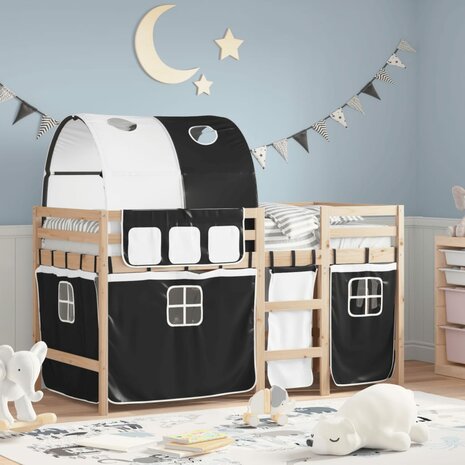 Kinderhoogslaper met tunnel 90x200 cm grenenhout wit en zwart 1