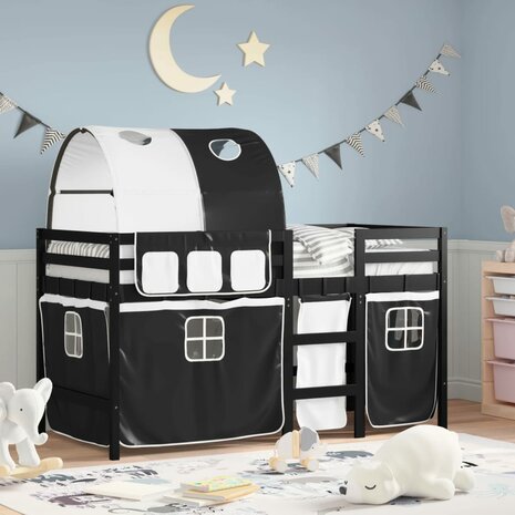 Kinderhoogslaper met tunnel 90x200 cm grenenhout wit en zwart 1