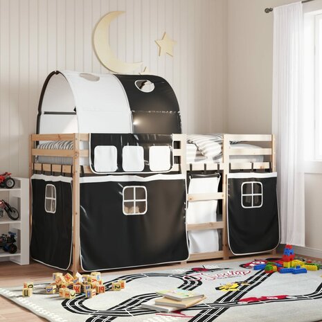 Stapelbed met gordijnen 75x190 cm grenenhout wit en zwart 1