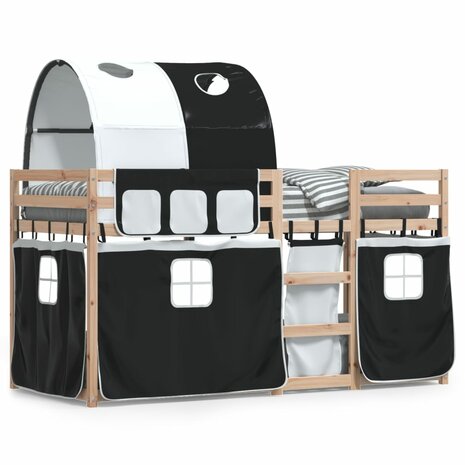 Stapelbed met gordijnen 75x190 cm grenenhout wit en zwart 2