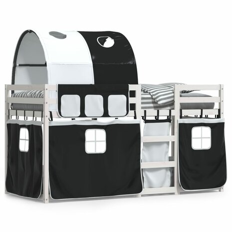 Stapelbed met gordijnen 75x190 cm grenenhout wit en zwart 2