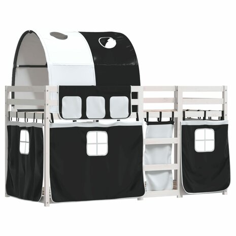 Stapelbed met gordijnen 75x190 cm grenenhout wit en zwart 3