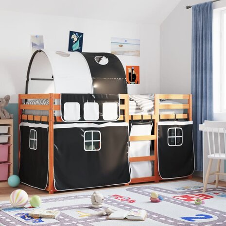 Stapelbed met gordijnen 75x190 cm grenenhout wit en zwart 1