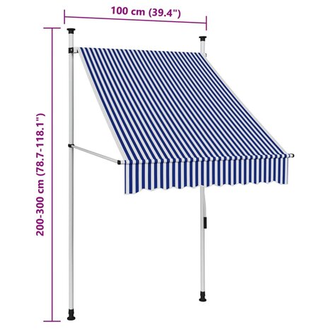 Luifel handmatig uittrekbaar 100 cm blauw en witte strepen 7