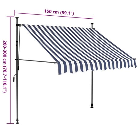 Luifel handmatig uitschuifbaar met LED 150 cm blauw en wit 8