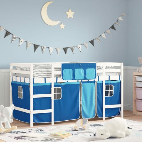 Kinderhoogslaper met gordijnen 80x200 cm grenenhout blauw 1