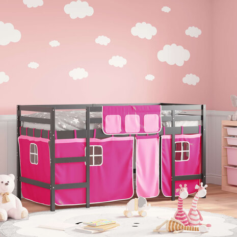 Kinderhoogslaper met gordijnen 90x200 cm grenenhout roze 1