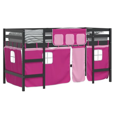 Kinderhoogslaper met gordijnen 90x200 cm grenenhout roze 4