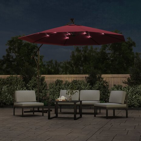 Zweefparasol met LED en stalen paal wijnrood 3