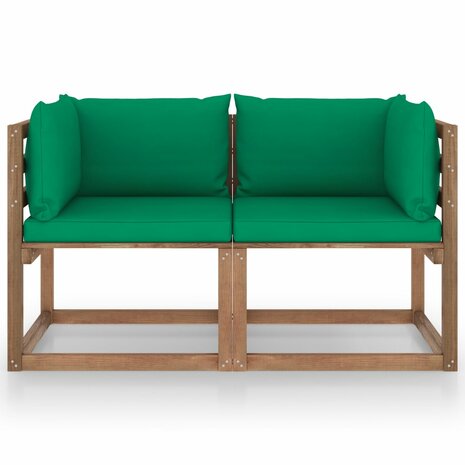 Tuinbank 2-zits pallet met groene kussens grenenhout 2