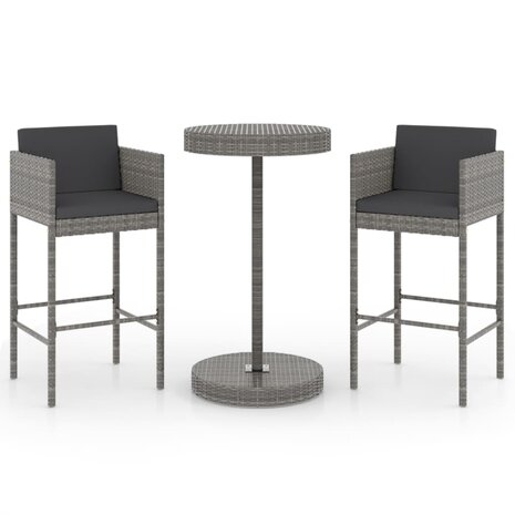 3-delige Tuinbarset met kussens poly rattan grijs 2