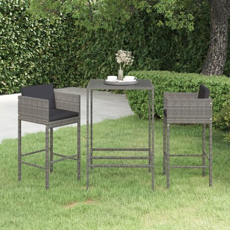 3-delige Tuinbarset met kussens poly rattan grijs 1