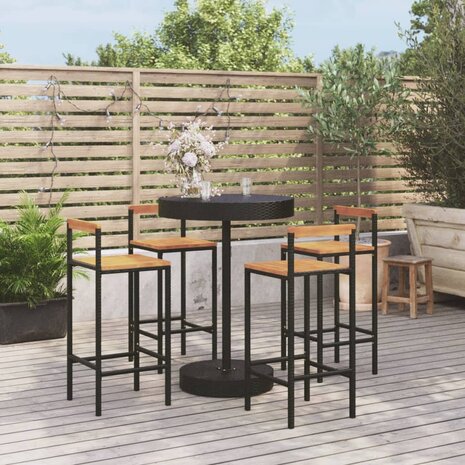 5-delige Tuinbarset poly rattan en massief acaciahout zwart 1