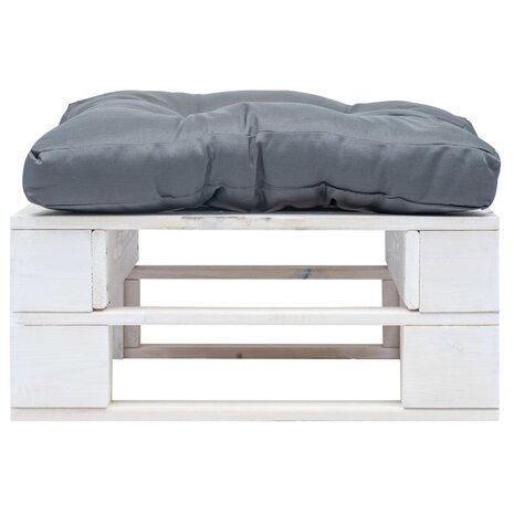 Tuinpoef met grijs kussen pallet hout wit 2