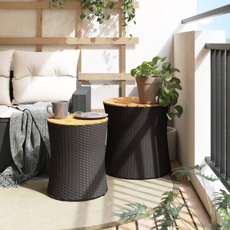 Tuinbijzettafels 2 st met houten blad poly rattan zwart 3