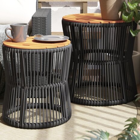 Tuinbijzettafels 2 st met houten blad poly rattan zwart 1