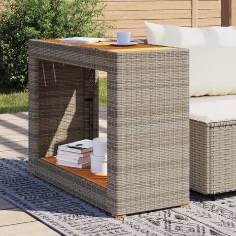Tuinbijzettafel met houten blad 100x40x75 cm poly rattan grijs 3