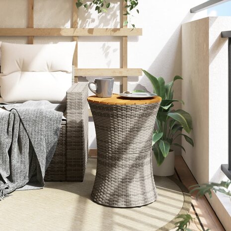 Tuinbijzettafel trommelvormig poly rattan en massief hout grijs 3